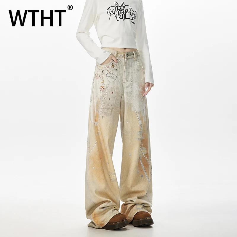 

WTHT Fashion 2025 Autumn Men's Print Do Old High Street Denim Pants Vintage American Style Straight Wide Leg Jeans Male 2A1518
