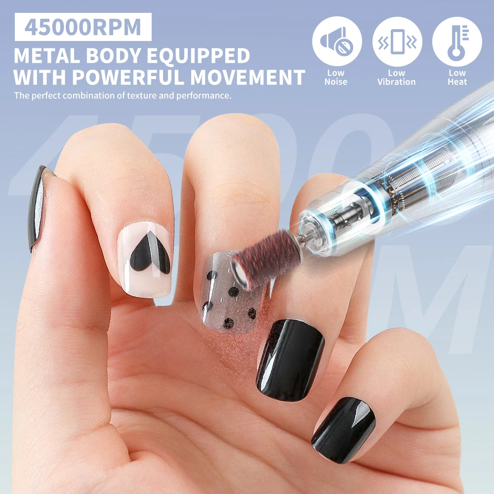 Perceuse à ongles 45000 tr/min, lime électrique Rechargeable pour enlever et polir le Gel acrylique, pour Salon/manucure et pédicure à domicile