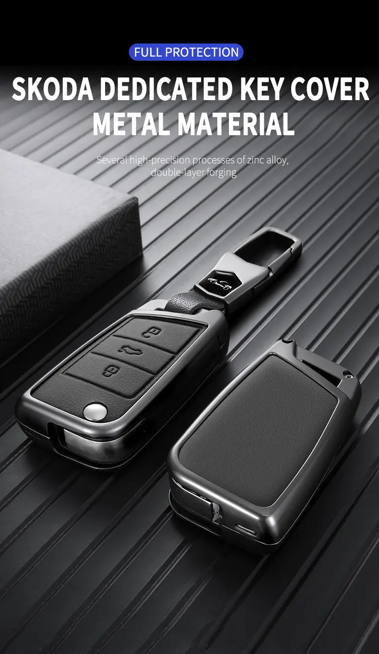 Metall-Leder-Autoschlüsselhülle für Volkswagen VW Polo Golf 7 MK7 Tiguan Passat für Skoda Octavia Kodiaq Karoq für Seat Ateca Leon. – Detail 1