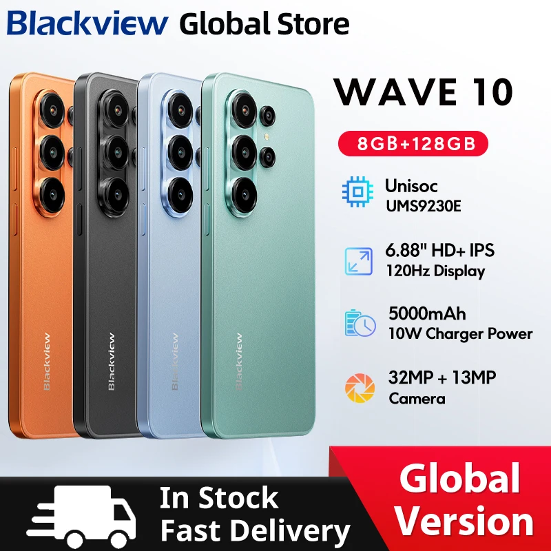 Blackview WAVE 10 Smartphone 6.88 HD+ 120Hz IPS Display 8GB 128GB 32Mp Camera 5000mAh 3 Card Slot Octa-Core Android 16 Cellphone