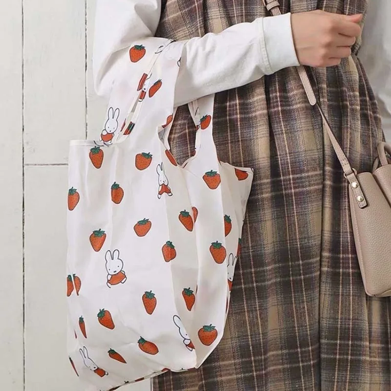 

New Kawaii Miffy Series Strawberry Pattern Shopping Bag Cartoon Creativity Printing Large-capacity Foldable Portable Storage Bag