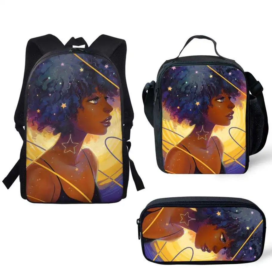 African American Black Art Print Girls 3pcs/set Backpack Lunch Boxes Pencil Bag School Bag for Teens Boys Girls Laptop Backpack