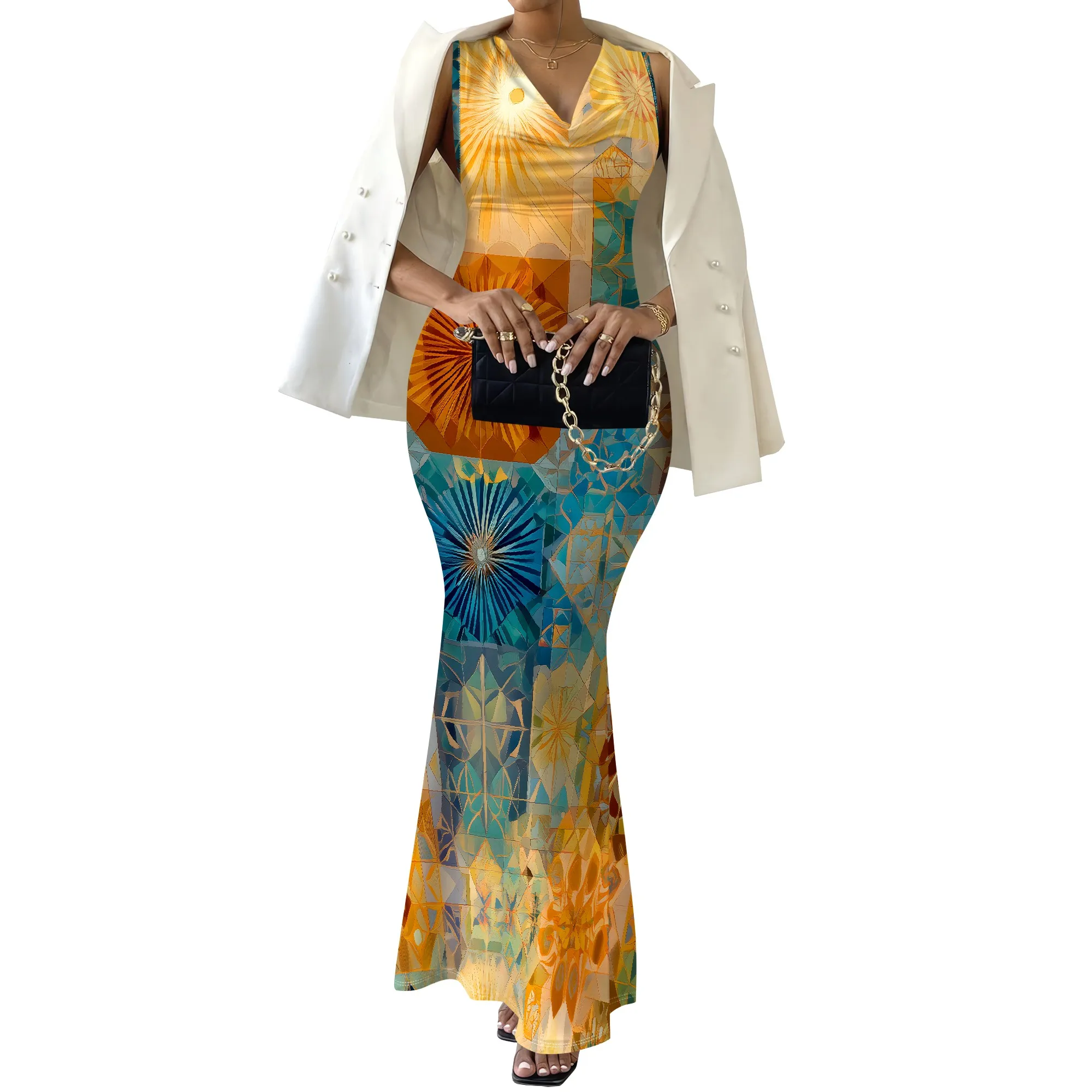 Sunburst Floral Print Dress, Abstract Art Maxi Dress, Cowl Neck Mermaid Gown, Boho Summer Party Wear, XS-2XL