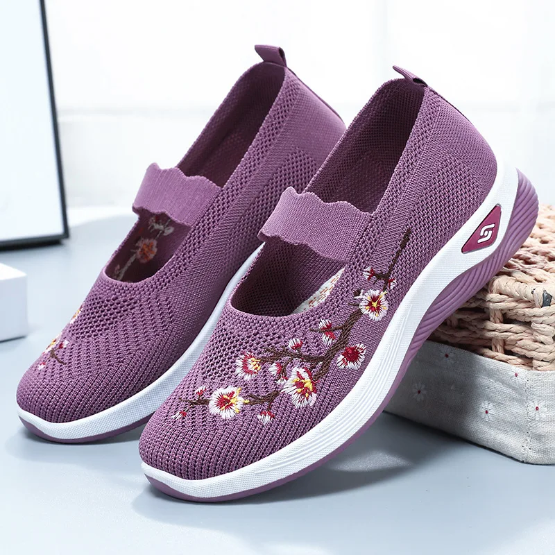 Sapatos Solteiros Bordados para Mamãe, Sapatos Casuais Respiráveis para Mulher, Primavera e Outono