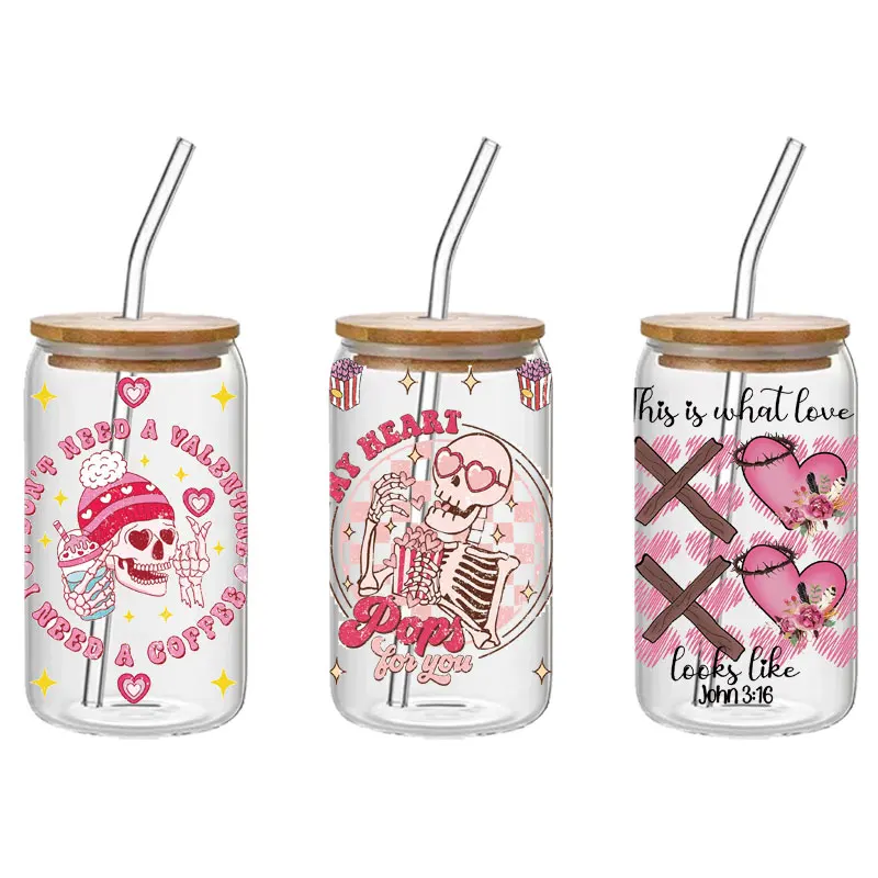 Valentine's Day Series strawberry coffee cup Skeleton illustration lovely Pink Waterproof transfer printing sticker