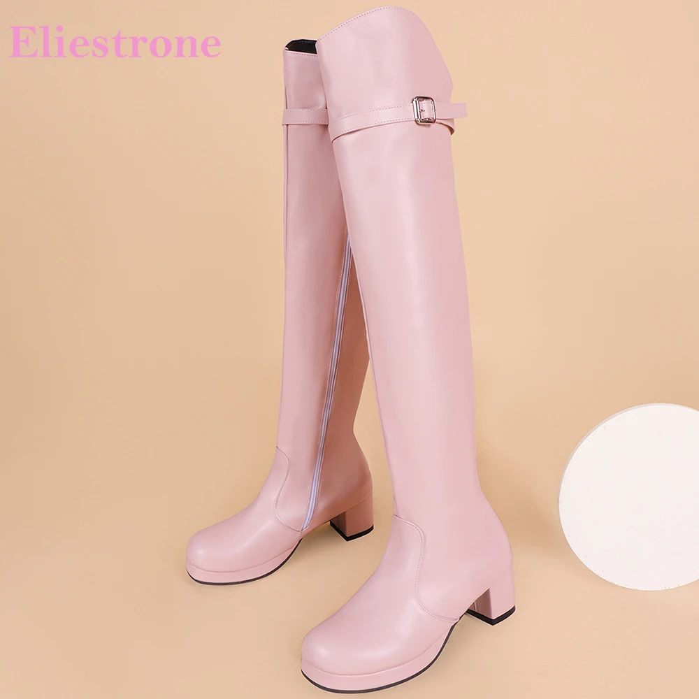 Brand New Fashion Pink Black Women Over Knee Boots 2 Inch Chunky Heel Lady Shoes Plus Small Big Size 11 30 43 45 48