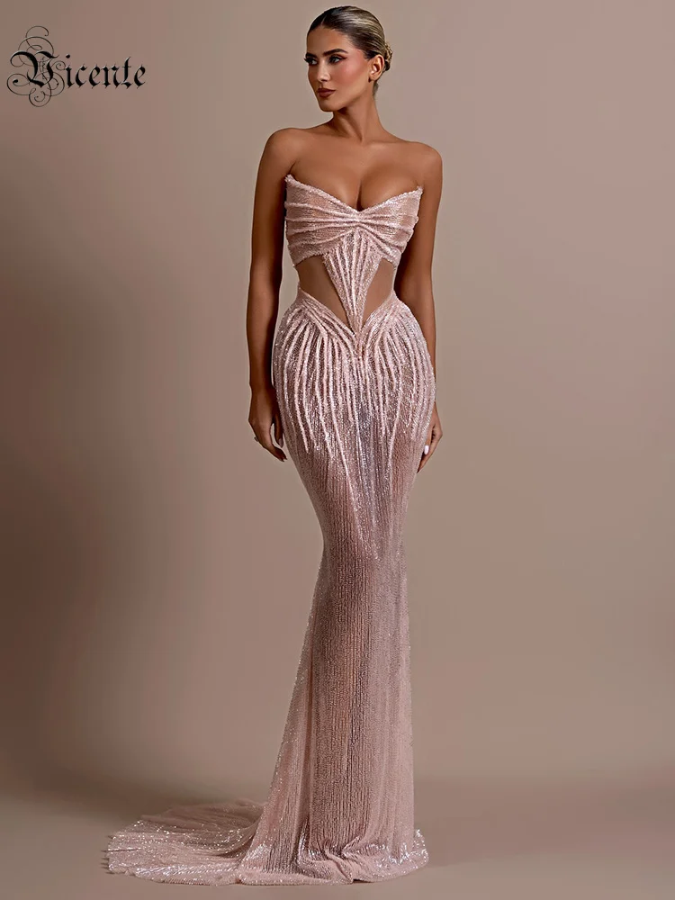 VC Beige Cut Out Strapless Long Dress Sweetheart Neck Hollow Out Mermaid Prom Celebrity Party Evening Gown Vestidos