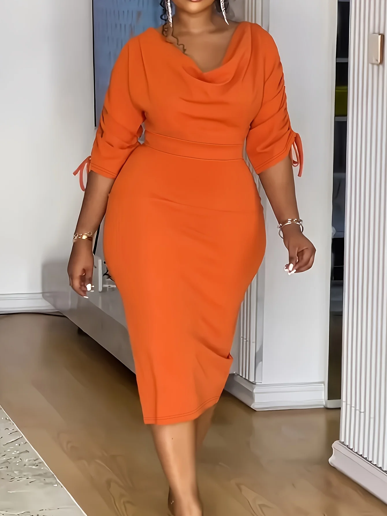 Orange Half Sleeves Pile Neck Drawstring Slit Wrap Dress Formal Evening Party Pleated Fitted Midi Dress