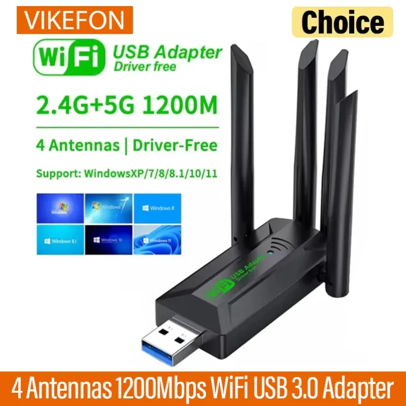 

VIKEFON 4 Antennas 1200Mbps WiFi USB 3.0 Adapter 2.4G/5GHZ Dual Band WiFi Dongle Wireless Network Card 802.11AX For Win 10/11