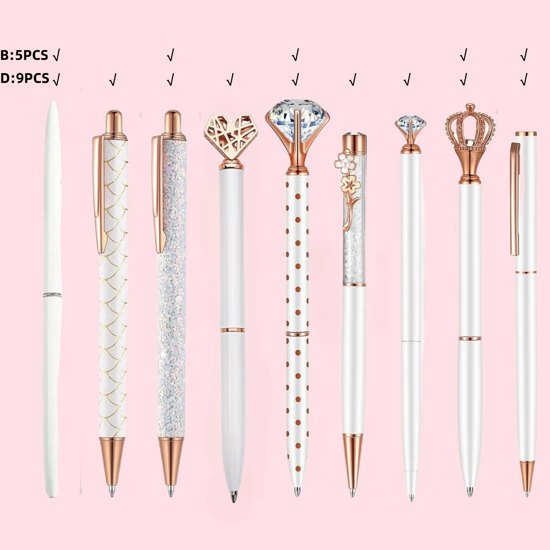 3/5/8/9 قطعة أقلام حبر جاف معدنية أحمر، وردي، أرجواني، أسود، أزرق، أبيض، مجموعة حبر أسود، رمال متحركة، ألماس صناعي لامع