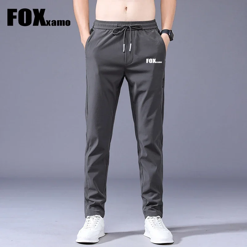 Foxxamo Men Cycling Casual Pants Soft Elasticity Lace-up Outdoor Sport Waist Solid Color Pocket Applique Work Trousers Male