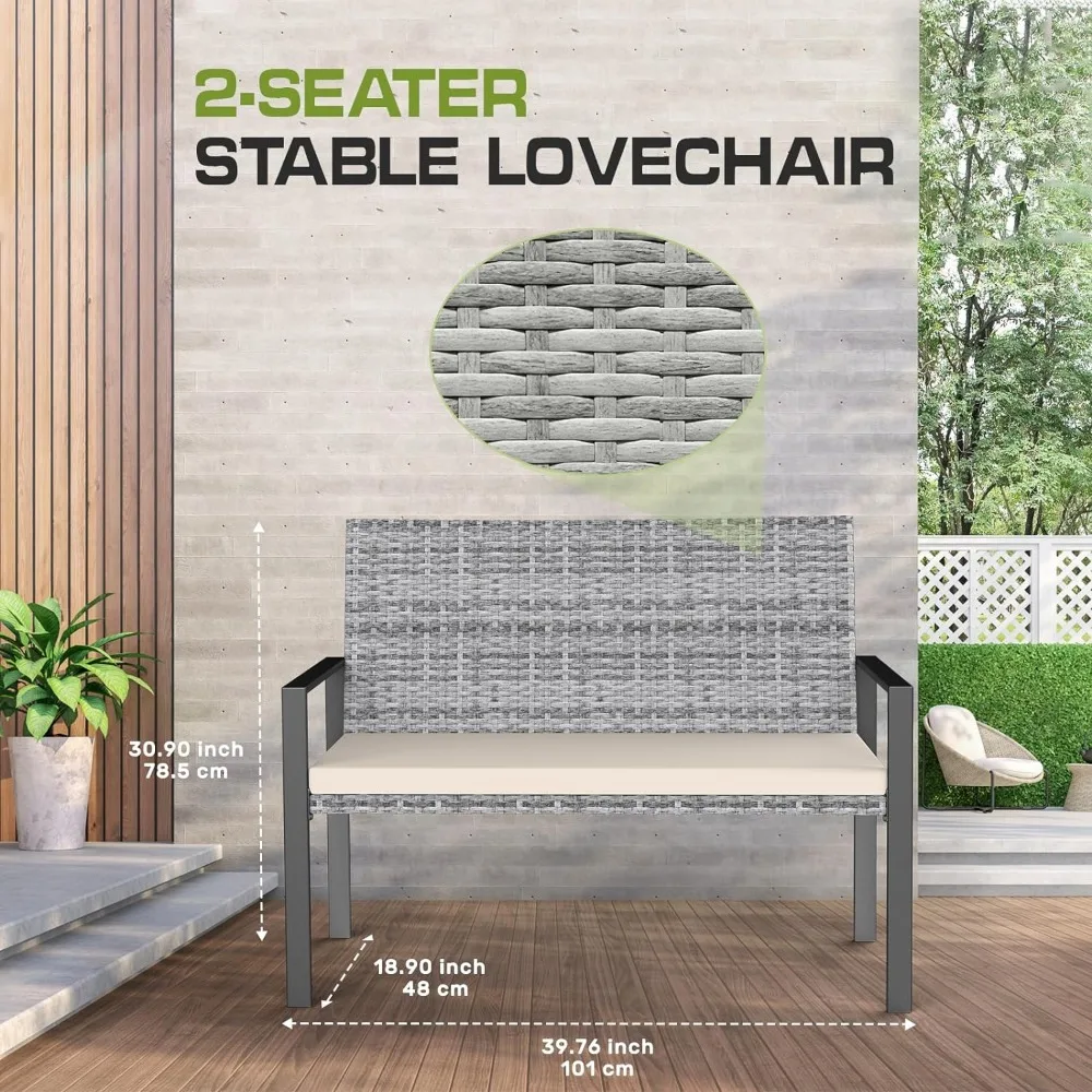 Conjuntos de móveis de jardim ao ar livre, 2 cadeiras Rattan e 1 Love Seat, mesa de vidro temperado com almofadas, 4 peças