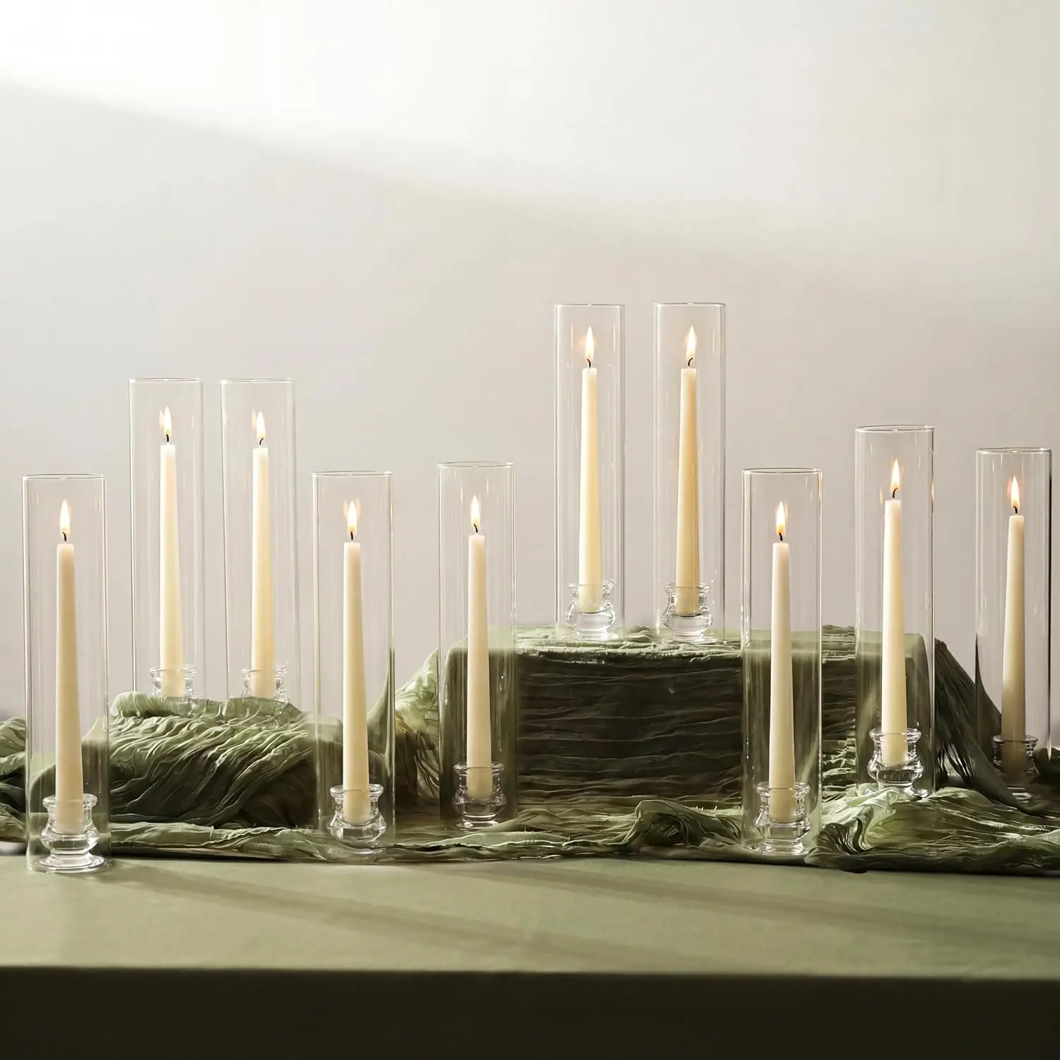 Candlestick Holder Bulk for Centerpiece: Set of 10 Hurricane Glass Taper Candles Holder - Clear Candle Stick Stand with Tall Cylinder Shade for Fall Thanksgiving Christmas Party Decor