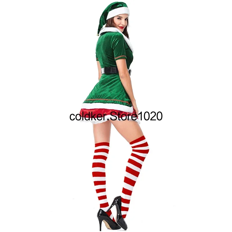 Navidad Cosplay disfraces de Halloween Festival para hombres mujeres verde Navidad elfo traje Santa Claus vestido de fiesta elegante conjunto de Cosplay