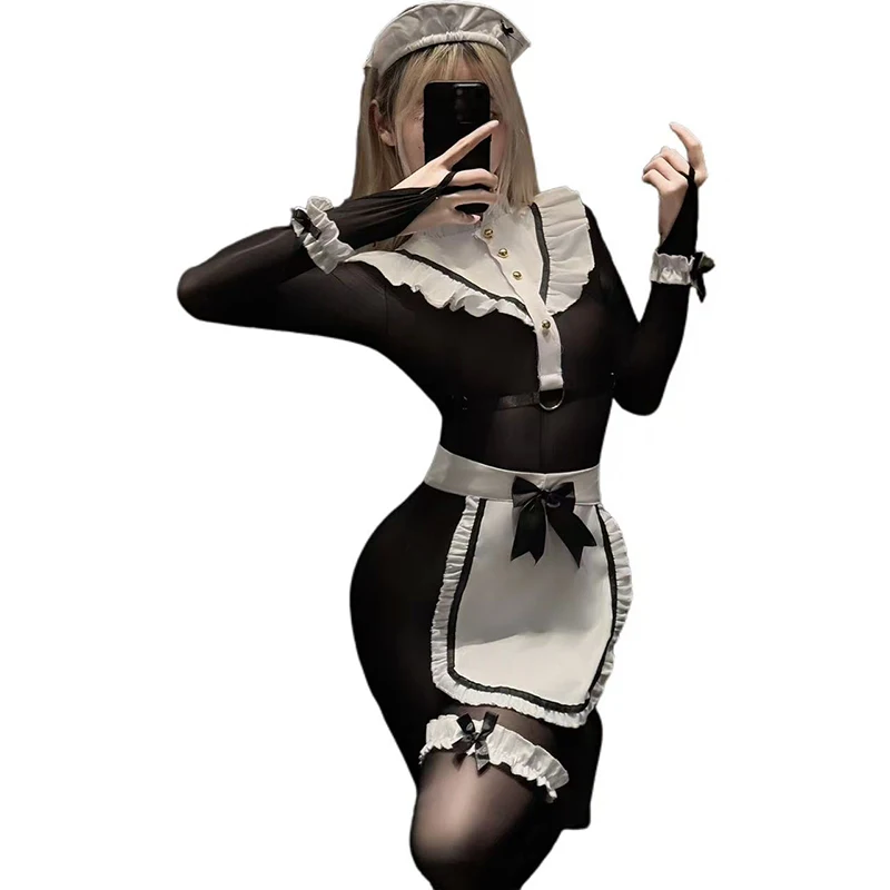 

Halloween Cosplay Lolita Playful Cute Maid Uniform Sexy Women's Bra Apron Black Silk See Through Smooth Jumpsuits For Nightclub