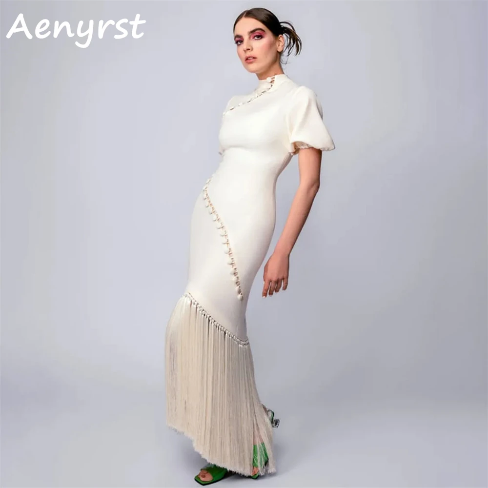 

Aenyrst High Collar Short Sleeve Evening Dresses Mermaid Tassels Bottons Saudi Arabia Prom Dress Chinese Style Formal Party Gown