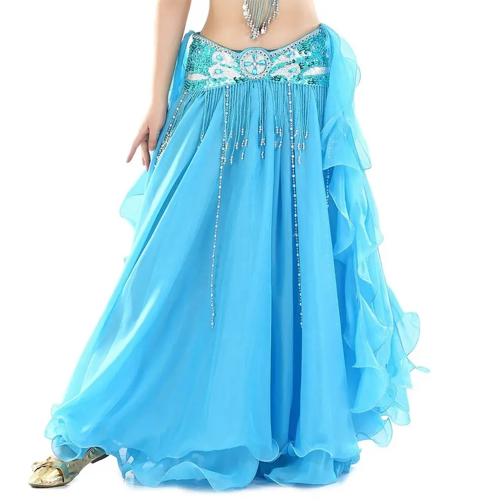 Belly Dancing Skirt Women Chiffon Spanish Skirt Shiny Sequins Tassels Dancing Skirt Show Costumes