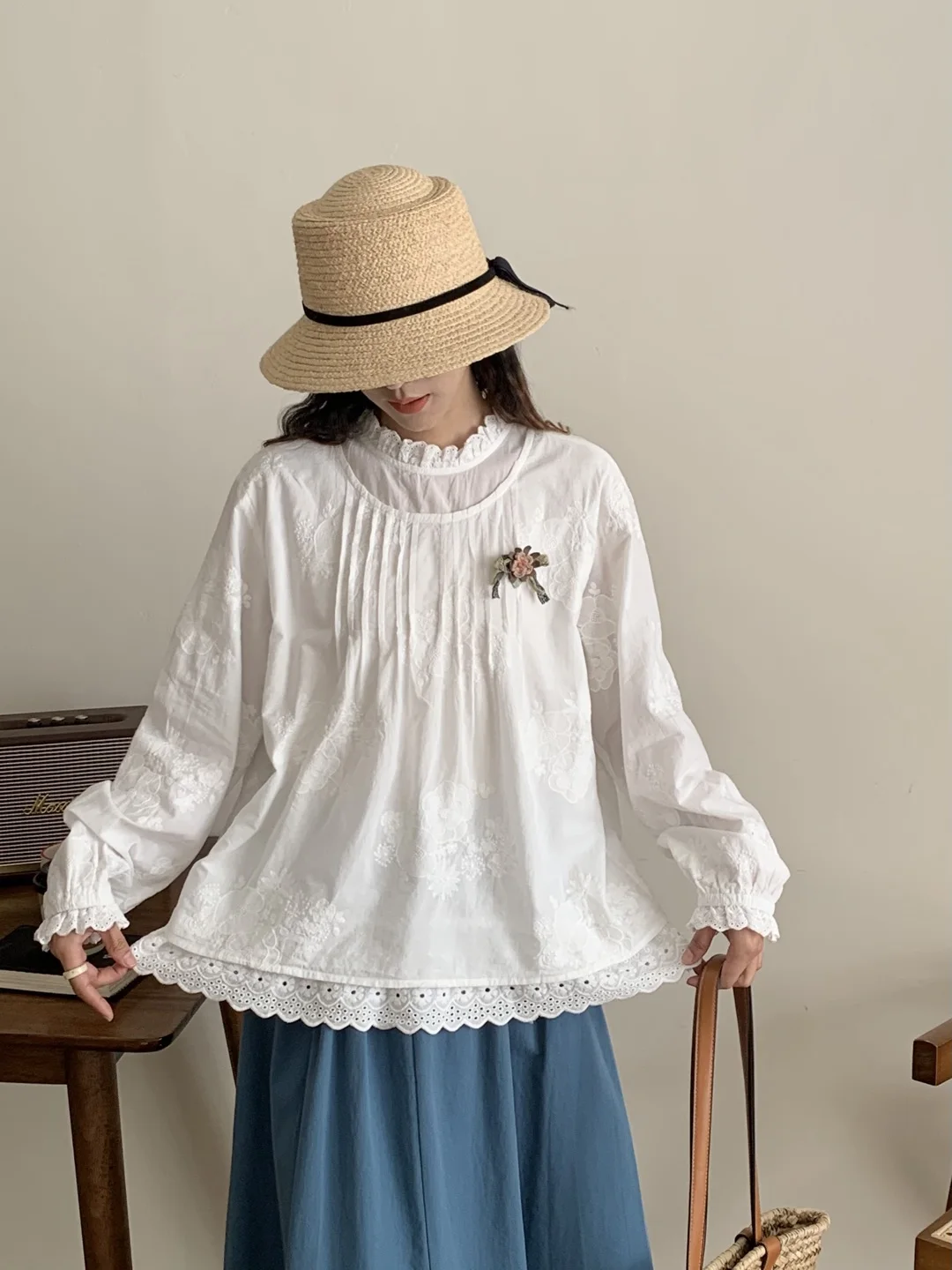 

Sweet Sle Cotton Long Sve Вышитый воротник irt Кружевная отделка Искусственный двухсекционный весенний Fren Антивозрастной женский irt