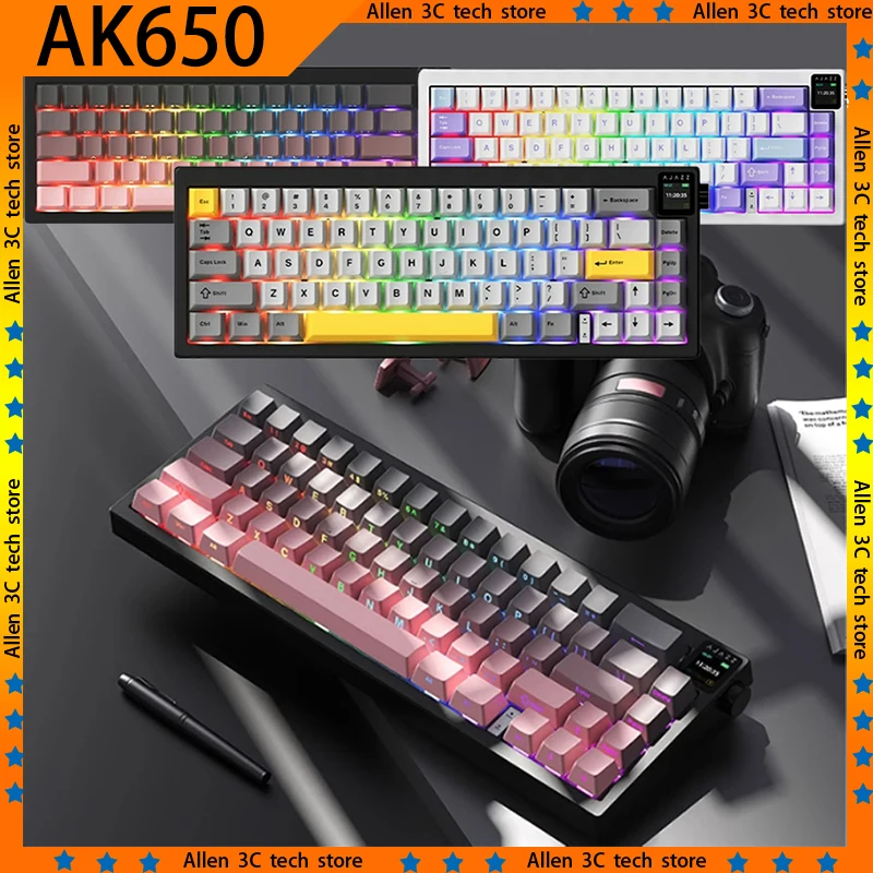 Original Ajazz Ak650 Mechanical Keyboard Wireless 3-Mode TFT Screen RGB Hot Swap Multifunctional Knob Gamer PC Gaming Keyboard