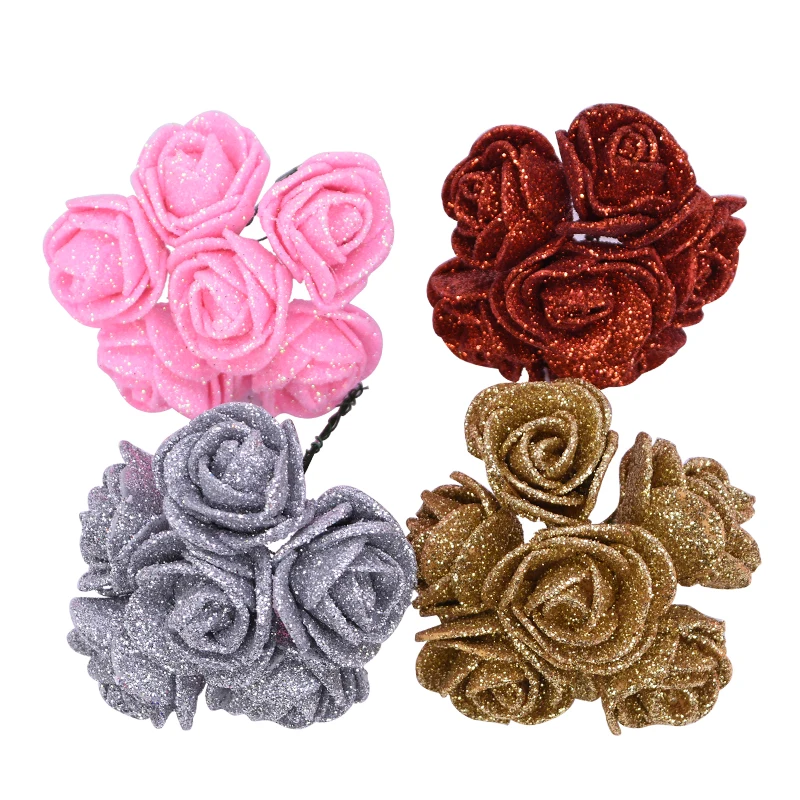 High Quality 36/72Pcs 3.5cm Glitter Gold Silver Red Artificial Flowers Fake Rose For Wedding Birthday Party Decoration DIY Craft
