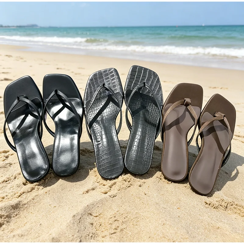 Square Toe Crocodile Embossed Middle High Heel Thong Sandals,Women Beach Flip Flops,Ultra Soft Vacation Sliders,Lightweight