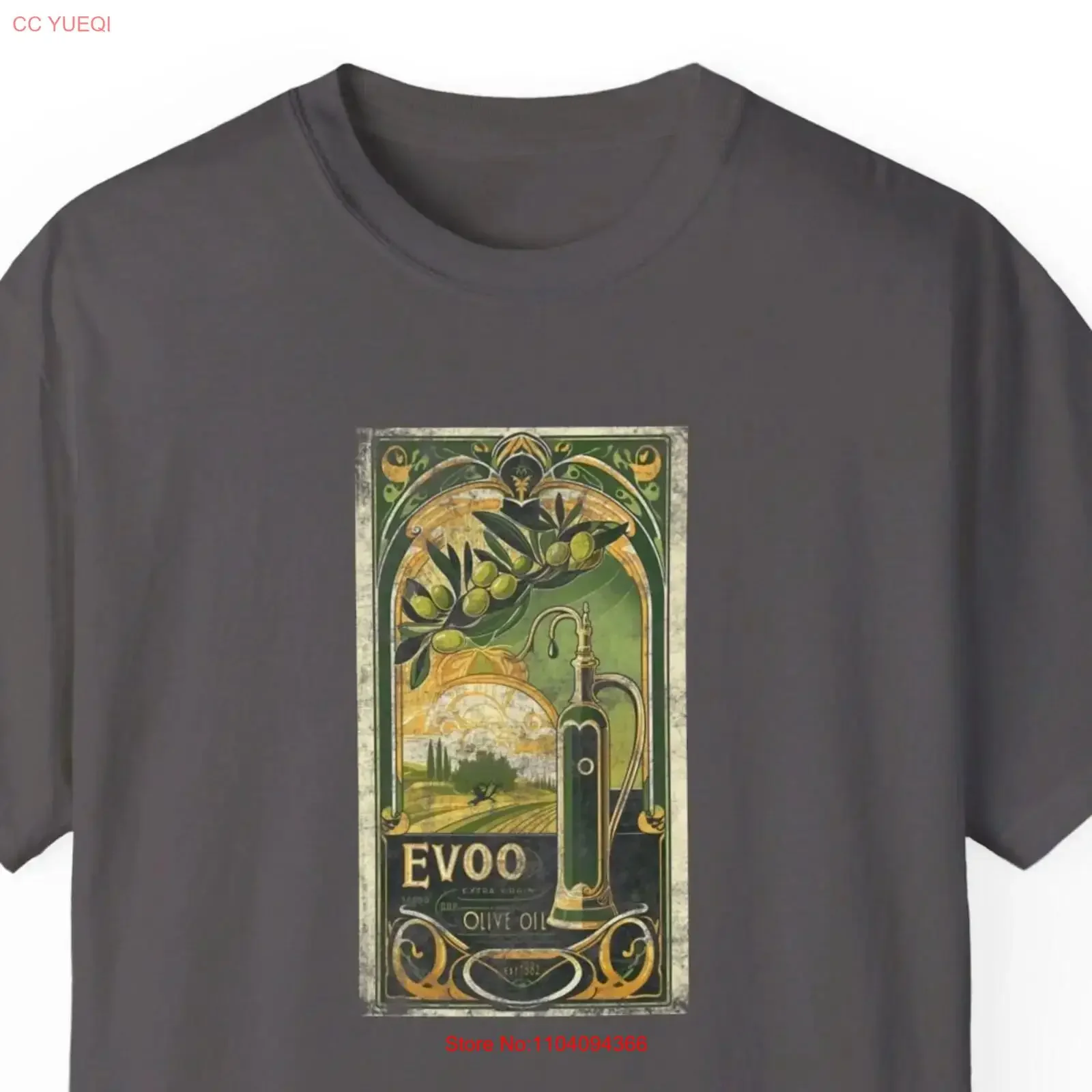 EVOO Art Nouveau 3 diseño Original camiseta divertida de comida amante de los alimentos ropa de Chef culinario Humor entusiasta gourmet vintage