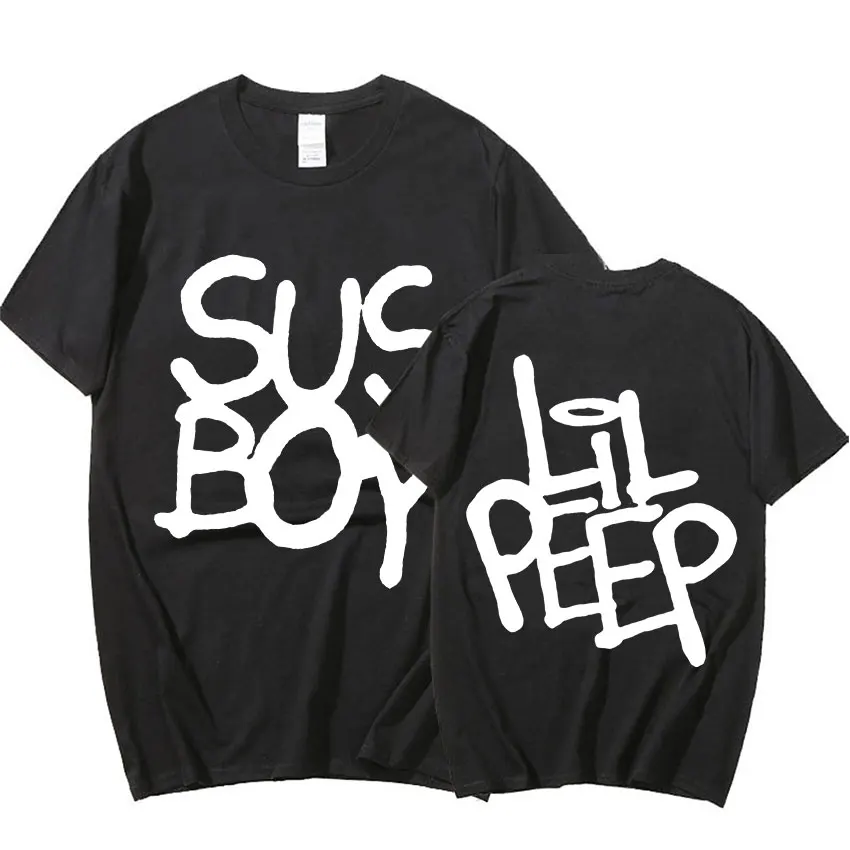 Camiseta Oversized Estilo Grafite 'Suc Boy' & 'Lil Peep', Camiseta Retrô Hip Hop Streetwear em Preto e Branco, Top Feminino Y2K