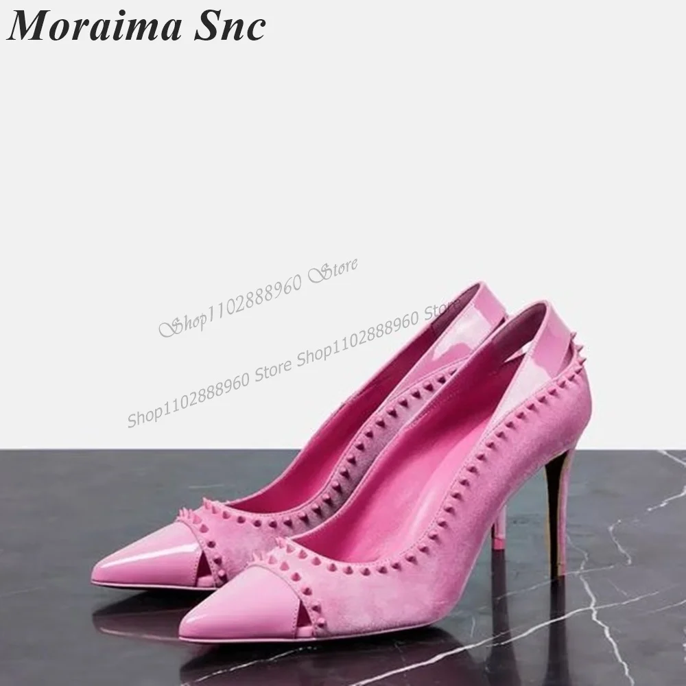 Escarpins à talons hauts en daim rose pour femmes, chaussures à enfiler, beaux styles, cuir, décor de rivet, châssis aiguille, Parker pointu, 2023
