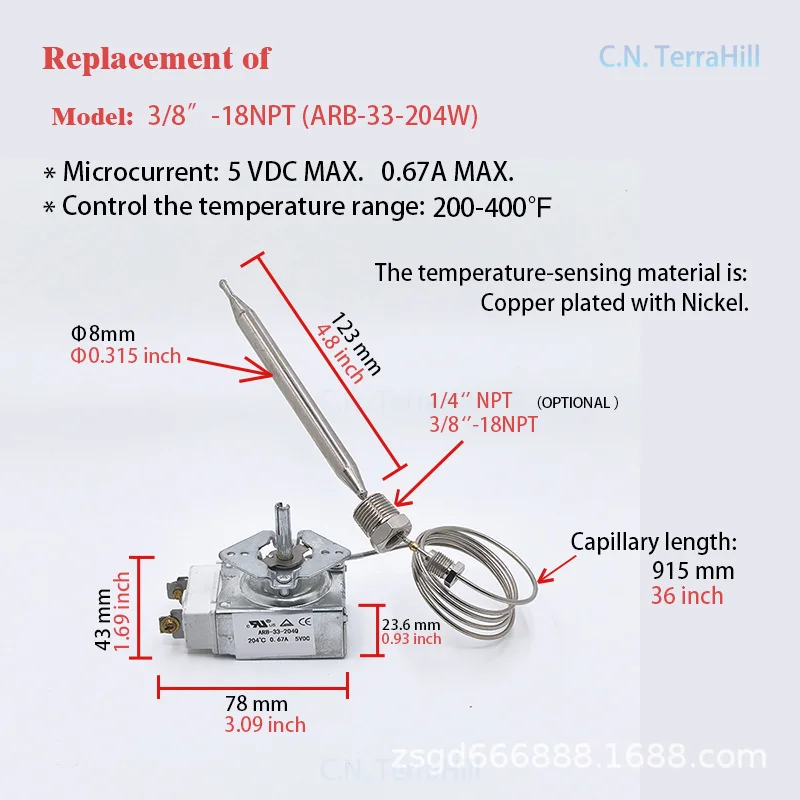 High Limit Thermostat Switch Compatible with Robertshaw 915mm 36 Inch Fryer Temperature Controller RX-1-36 1177