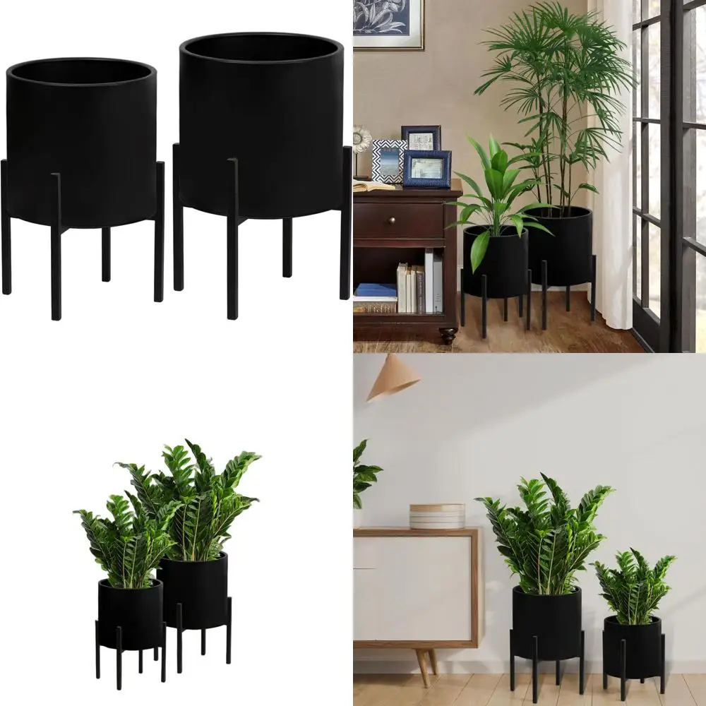 

Set of 2 Large Metal Planters with Stand, Decorative Pots for Living Room, Office, Garden, or Balcony, 8.25 & 10.5 Inch, Black