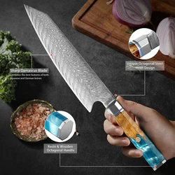 Sharp Kiritsuke Chef Knife 8 Inch Damascus Steel Kitchen Knife Japanese Slicing Knife Cooking Knife Octagonal Blue Resin Handle