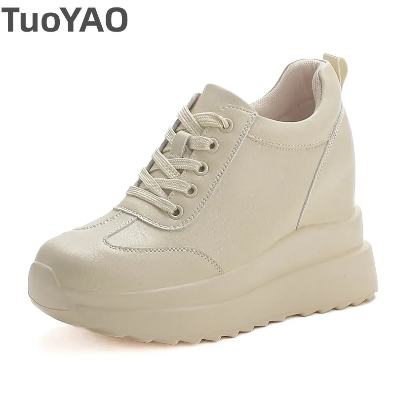 10cm Cow Genuine Leather Platform Wedge Fashion Women Spring Summer Autumn Chunky Sneakers Shoes Breathable Vulcanize Comfort