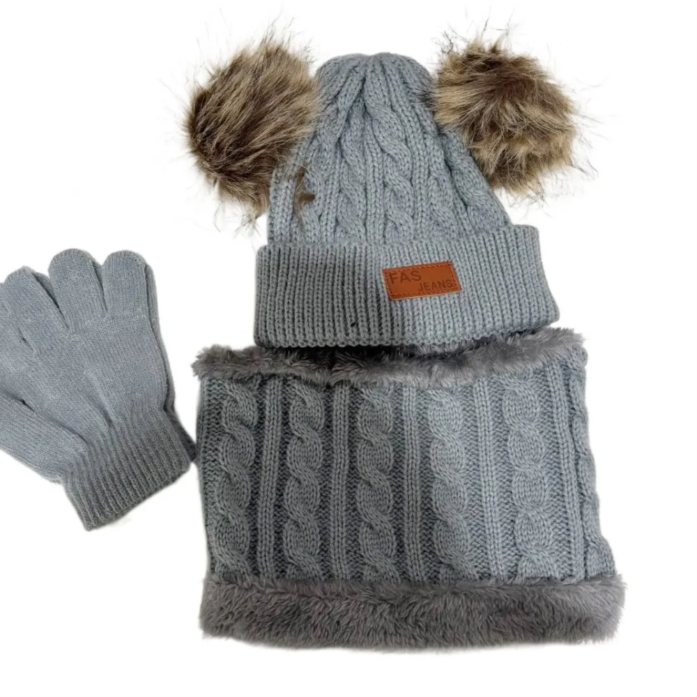 

Solid Color Baby Hat Scarf Gloves Set Warm Thicken Windproof Pompom Knitted Hats Pompom Knitted Beanie Winter Hat Scarf Gloves