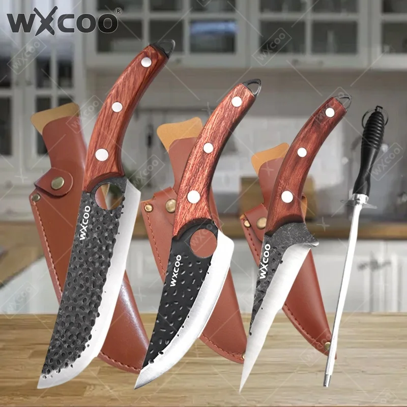 WXCOO Hand-Forged Butcher Knife with Cover Professional Kitchen Knife for Fish Meat Cutting Cooking Accessories Barbecue Knife