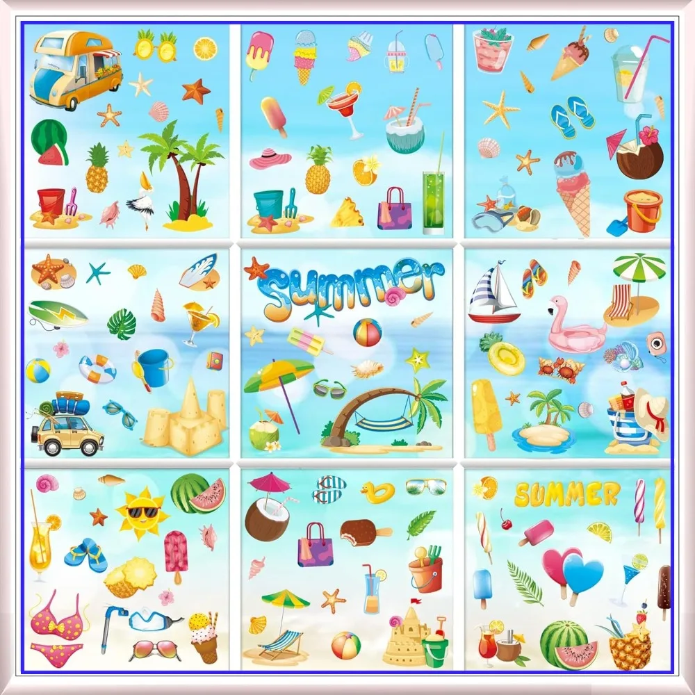 

134Pcs Summer Window Clings - Beach Vacation Stickers Kit for Glass, Walls, Windows, Home and Office Decor (8x12inch)