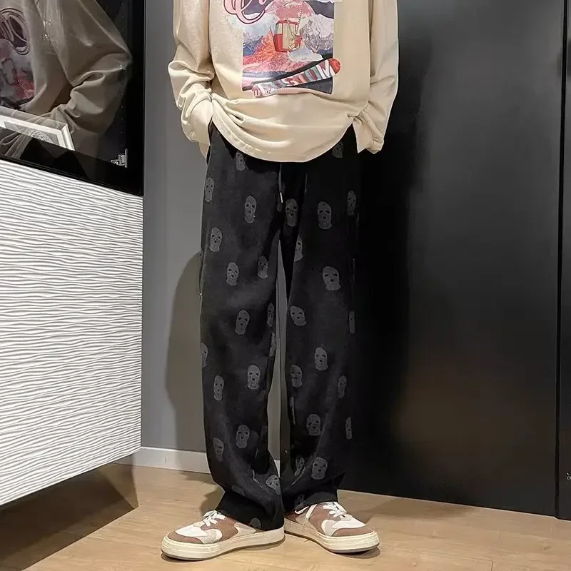 2025 Gothic Skull Full Print Casual Drawstring Baggy Men Tracksuit Pants Corduroy Straight Sweatpants Male Hip Hop Long Trousers