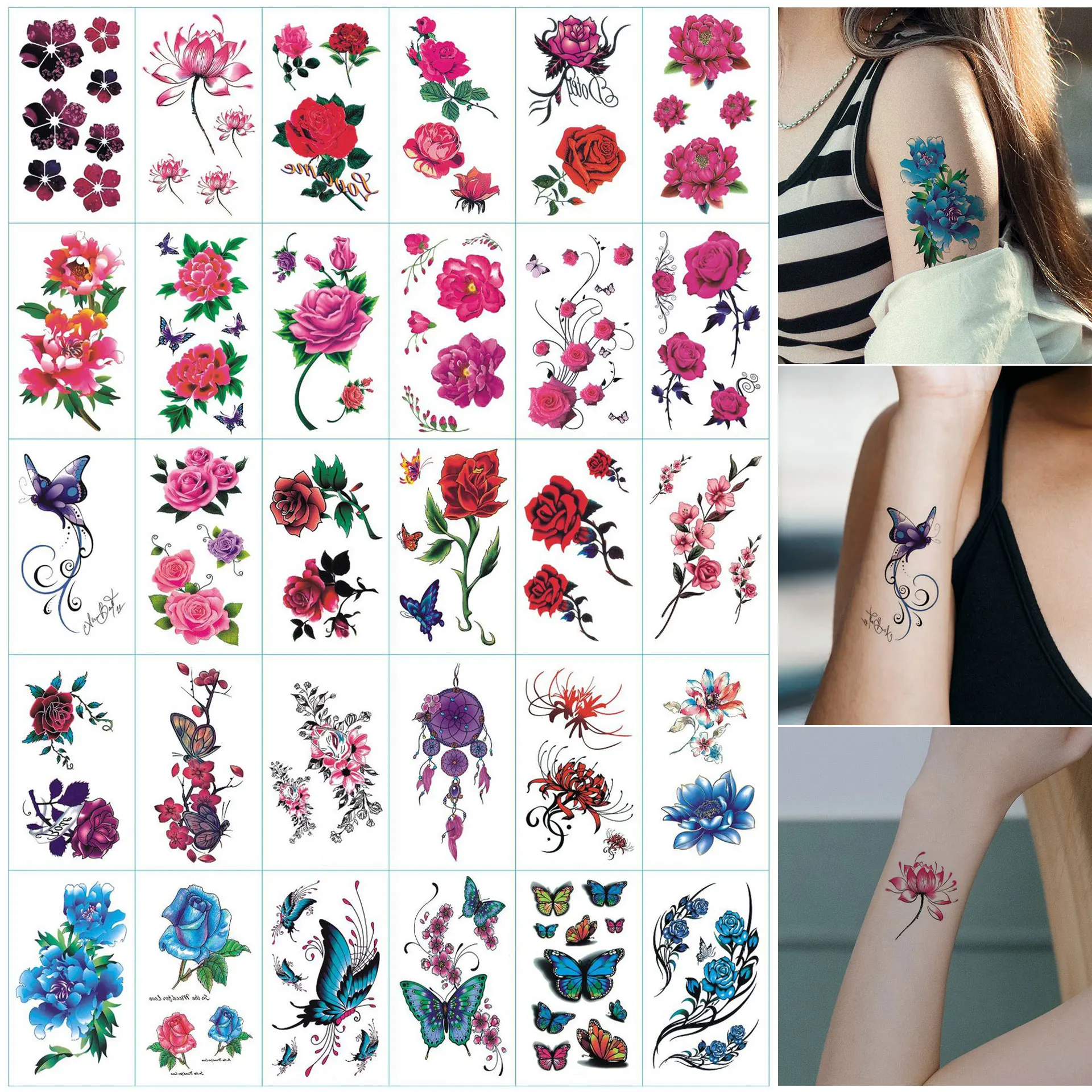 30Pcs Tattoo Stickers,Flowers & Butterflies Temporary Tattoos,Waterproof Sweatproof Lasting 3-7 Days