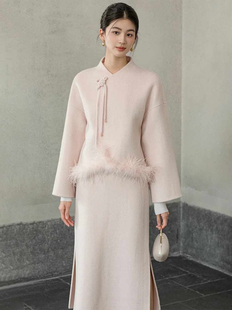 

ChuChan Woolen Double-Faced Tweed Jaet Women's Thi Winter New Chinese Sle National Wind Slant Lapel Woolen Top Skirt Set