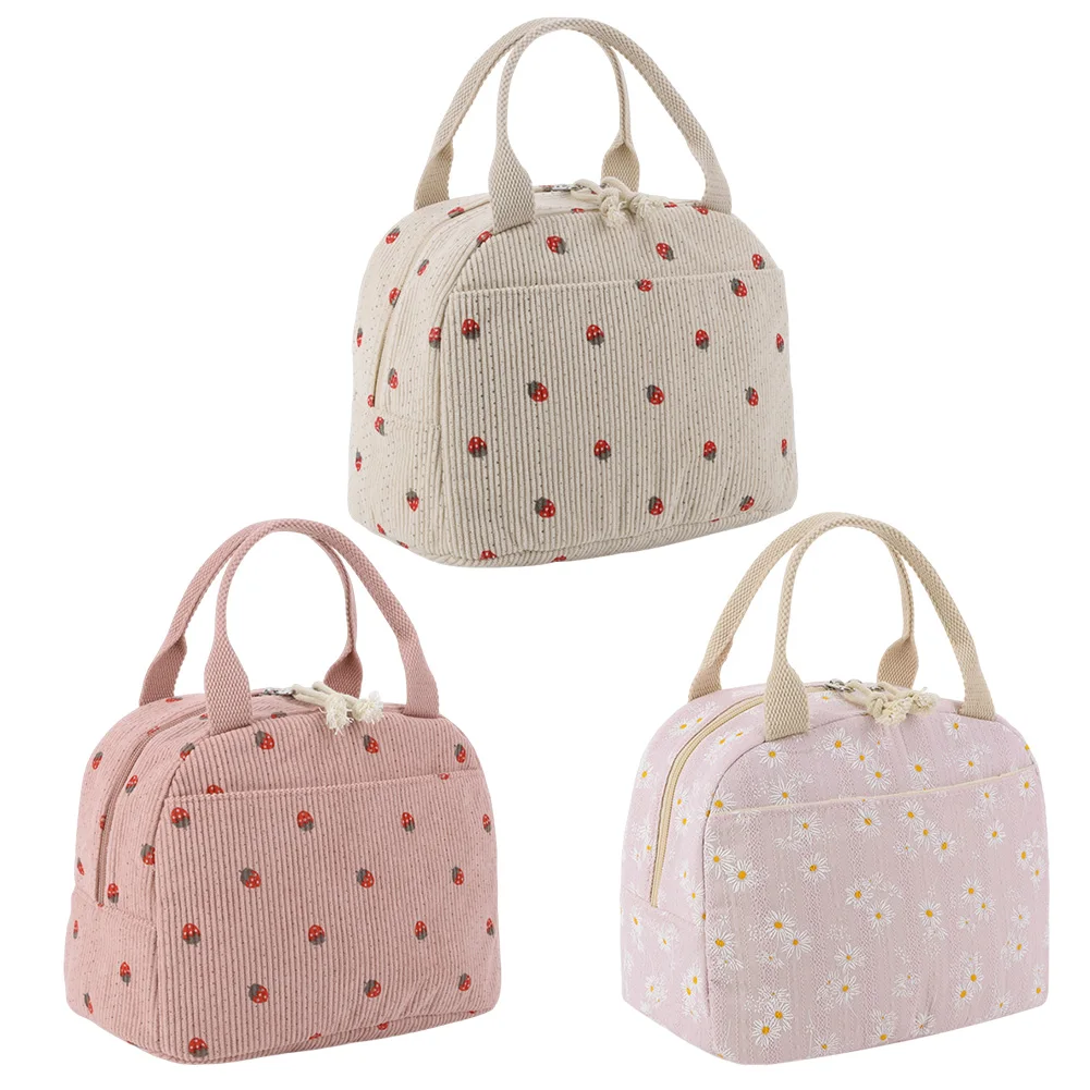 

Strawberry/Daisy Corduroy Lunch Tote Bag Large Capacity Thermal Bento Bag Multi-Function Insulated Lunch Bag for Office School