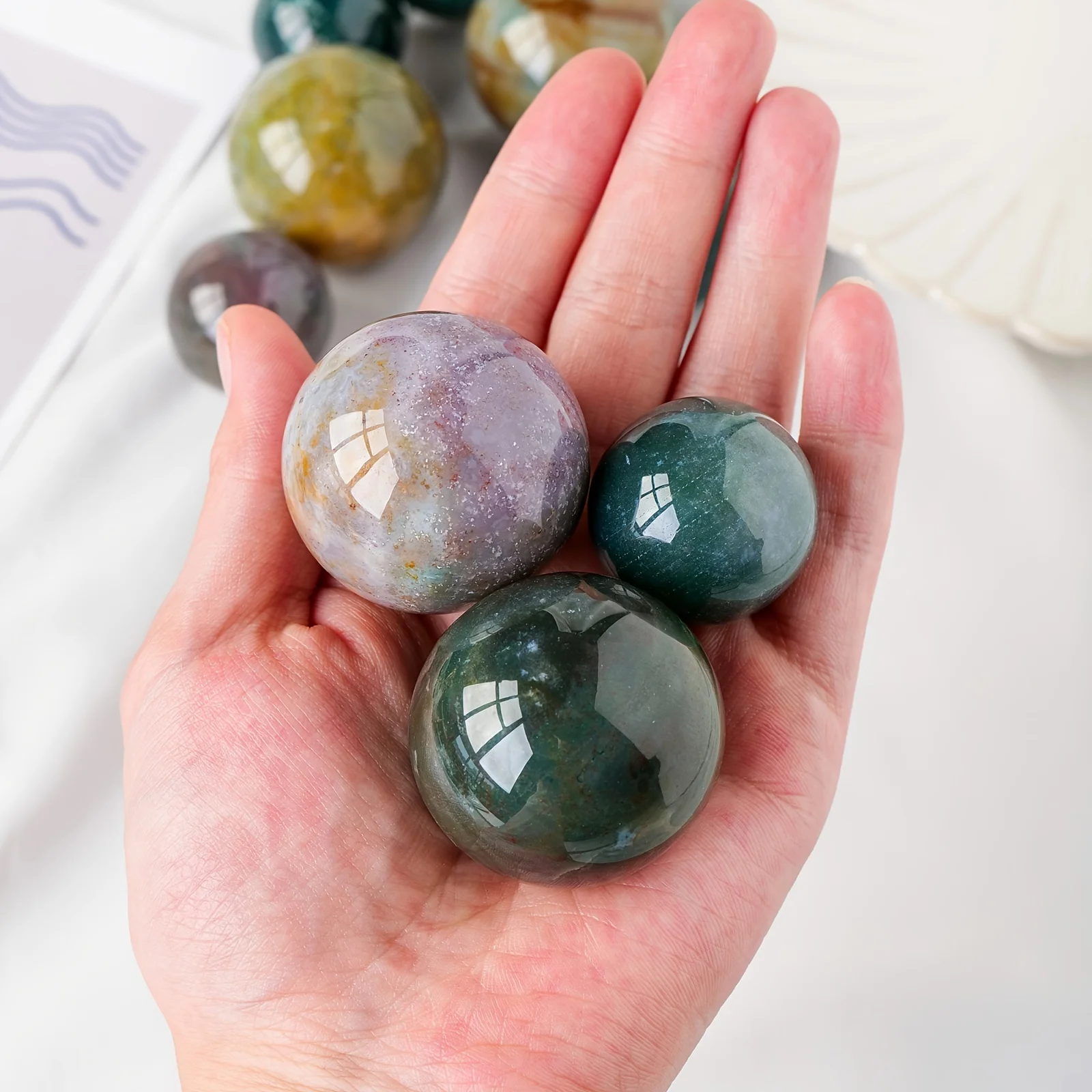 Natural Oceano Jasper Esfera para Casa e Decoração de Escritório, Reiki Cristal Ornamentos, Cristal de Alta Qualidade, Yoga Meditação