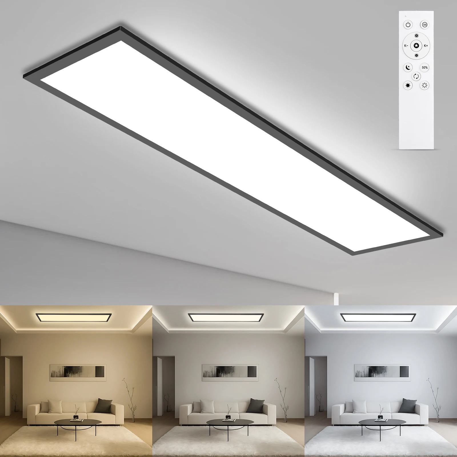 LED Panel Ceiling Light 100×25cm, 30W 3300LM, Dimmable 3000–6500K with Remote & Memory for Living Room Bedroom Kitchen