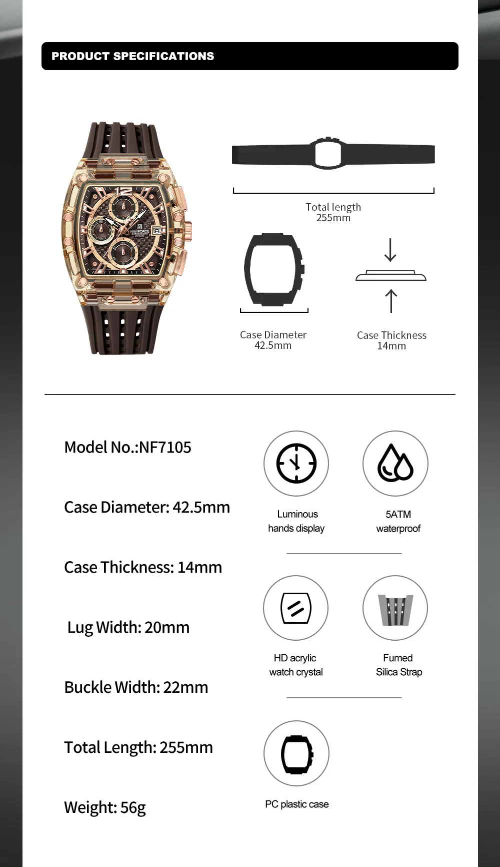 NAVIFORCE Watches for Man Silica Strap 50M Waterproof Sport Casual Quartz Date Display Chronograph Clock