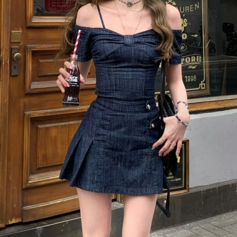 Volwassen Sexy Slim Fit Nachtclub Dames Tweedelige Set Rok Denim Vrouwelijke Outfits Korea Festival Zomer Mode 2024 Nieuwe Matching