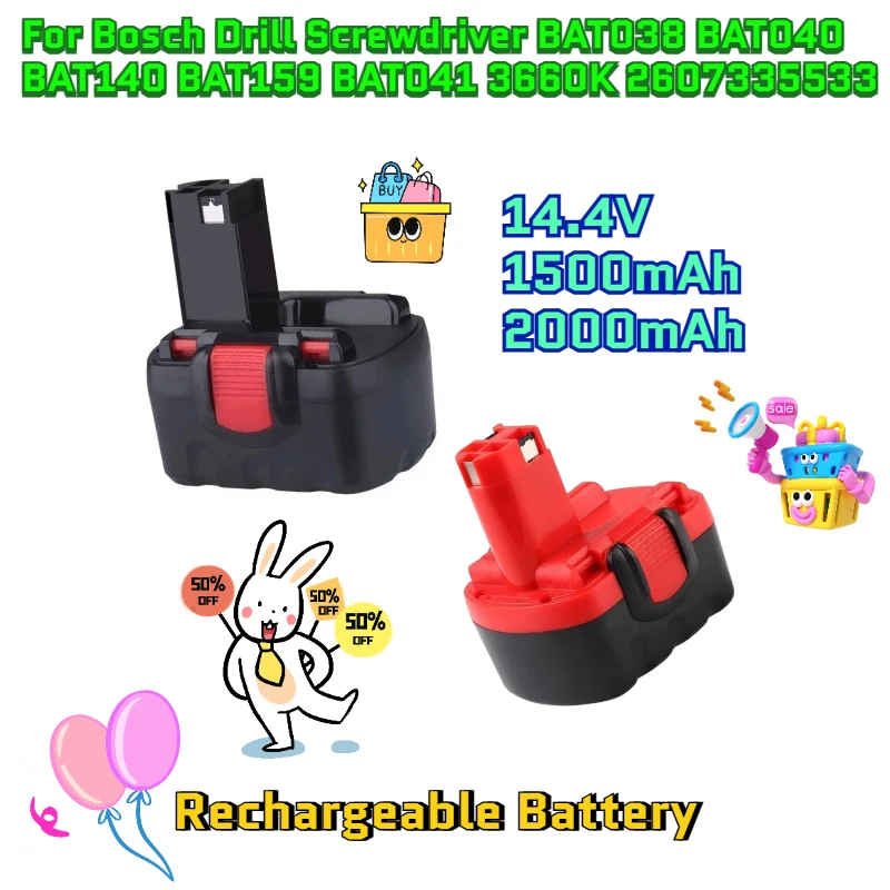 

14.4V 1500mAh 2000mAh Rechargeable Battery for Bosch Drill Screwdriver BAT038 BAT040 BAT140 BAT159 BAT041 3660K 2607335533