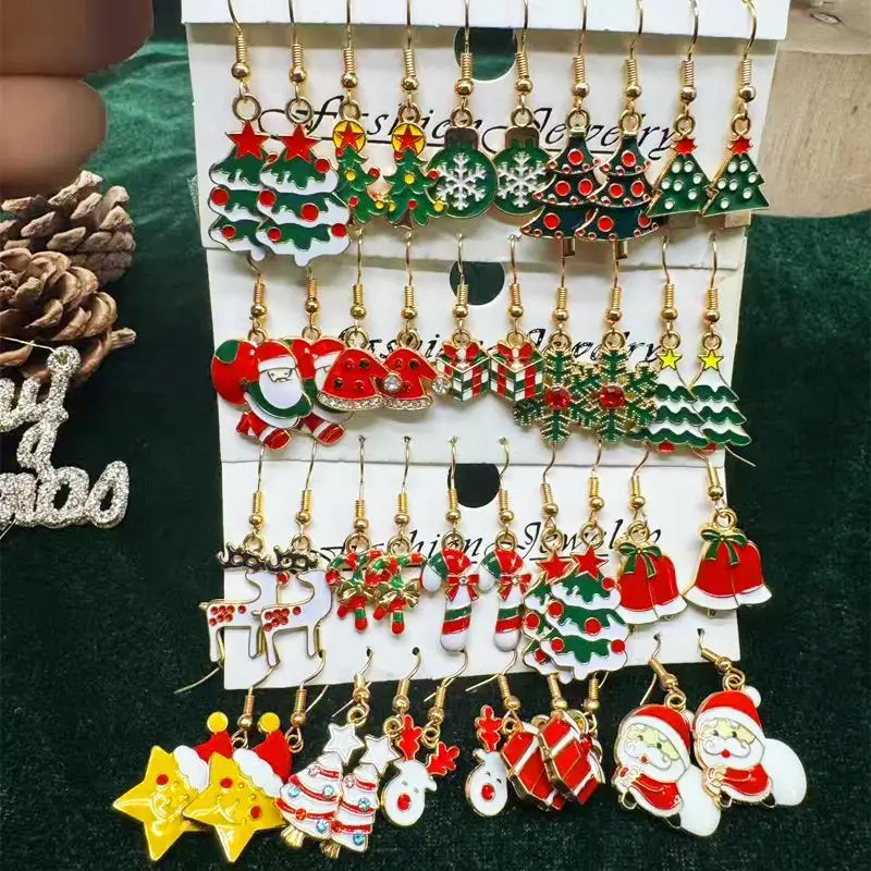20Pairs Christmas Dangle Earrings Enamel Drop Santa Gingerbread Snowman Snowflake Gift Box Cartoon Holiday Ear Jewelry