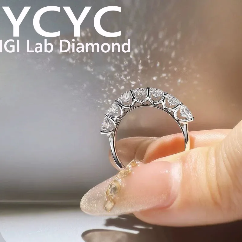 DE Color VS-VVS Round Cut CVD HPHT Lab Grown Diamond 7pcs Stone Band NO IGI Certificate 14K Gold 