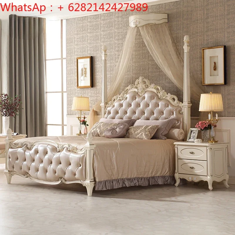 

bed French style leather double European rose carved wedding master room solid wood big