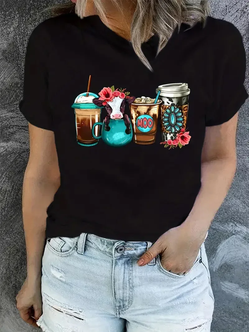 Women T Shirt Cartoon Cow Print Crew Neck Loose Top Tee Black T-shirt Female Summer T-shirt 90s Girls Graphic Cute Short Sleeves