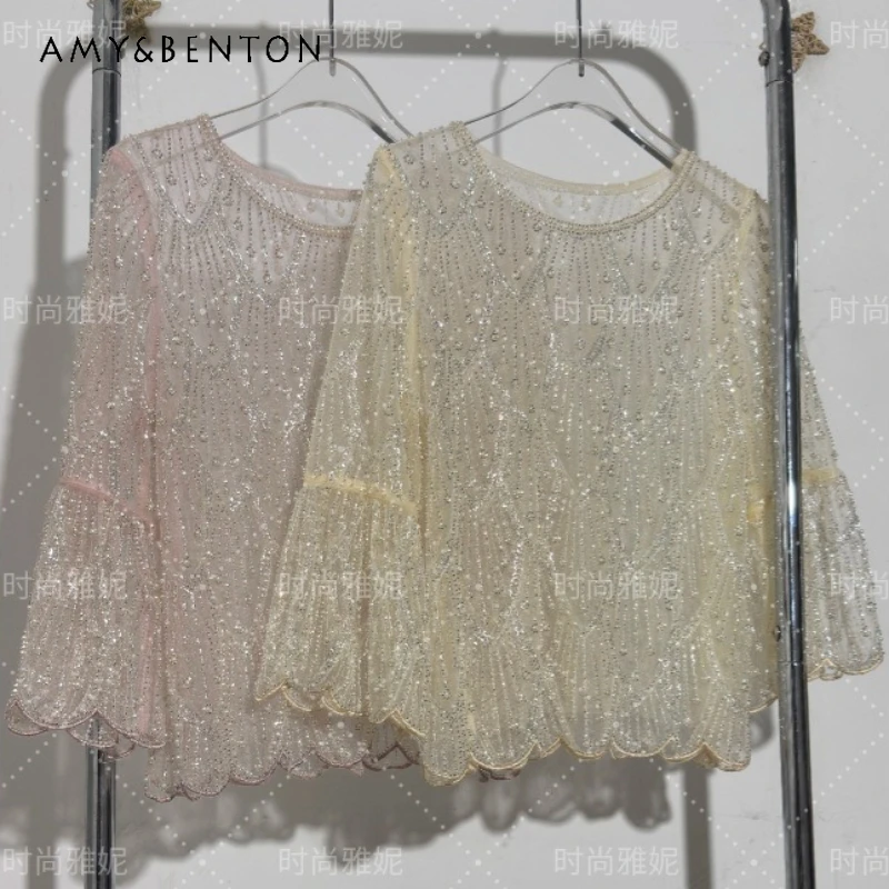 

Элегантная блузка с жемчугом и пайетками, свободного кроя, с круглым вырезом, универсальная, модная, повседневная, шикарная, с длинными рукавами