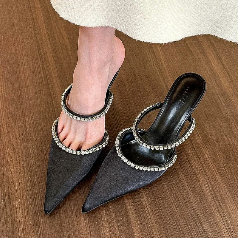 Luxury Rhinestone Designer High Heels Slippers Women Satin Pointed Tou Dress Shoes Summer New Fashion Slingback Sandals Women
